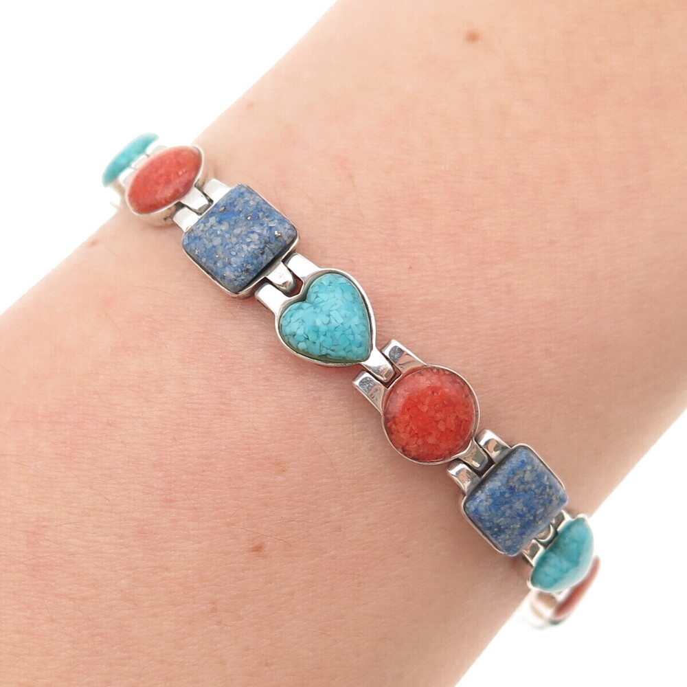 Carolyn Pollack Sterling Vintage Turquoise Coral Lapis Bracelet 7.5" broken link